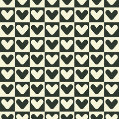 Checkered board, cute heart shape abstract seamless pattern. Decorative geometrical grid. Black white colour palette. Graphical classical design swatch, ornamental background. Vector illustration