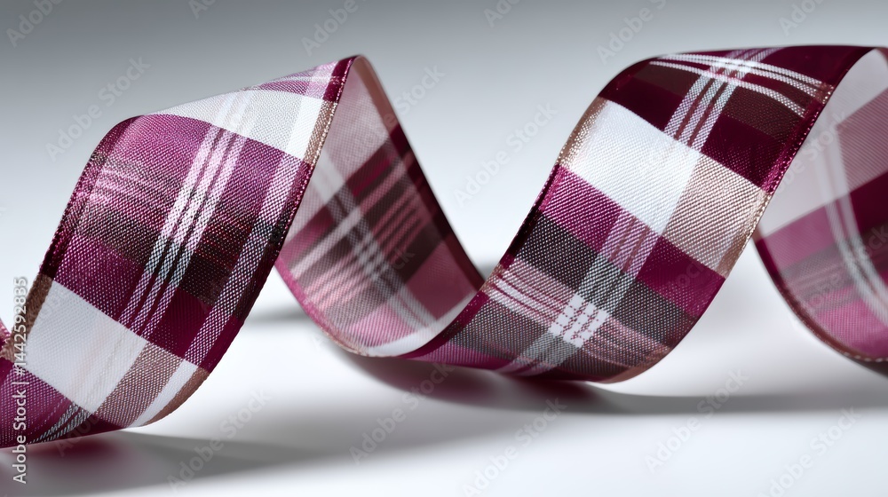 Aufkleber festive ribbon bow in plaid fabric is tightly curled and set against a smooth white background, show