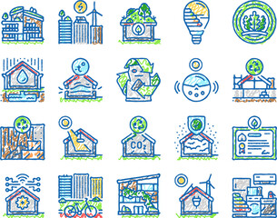 green building city eco office icons hand drawn