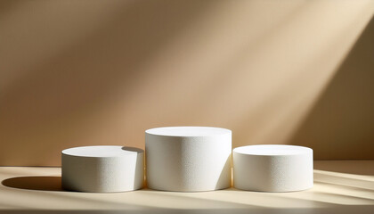 minimalist product display with three white round podiums on beige background with sunlight