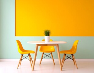 Modern Dining Room Interior Design with Yellow Chairs and a White Table against a Two Tone Wall