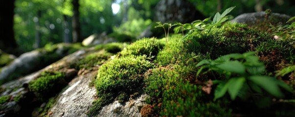 Fototapeta premium Green moss with natural colours in peaceful forest concept. Lush green moss on rocky ground in forest.