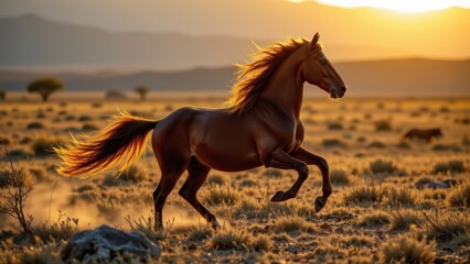 a wild horse galloping across the plains in golden light.