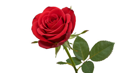A single, perfect red rose in full bloom, complete with stem and fresh green leaves, elegantly isolated against a pure white background