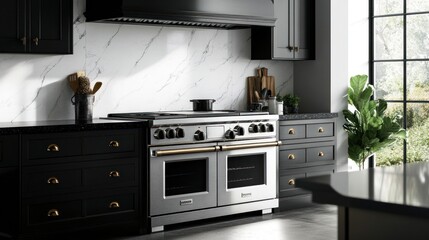 Modern kitchen range, sunlight, marble backsplash, home design