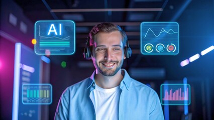 Smiling Man with Headphones Engaged in AI and Data Analysis in a Modern Environment