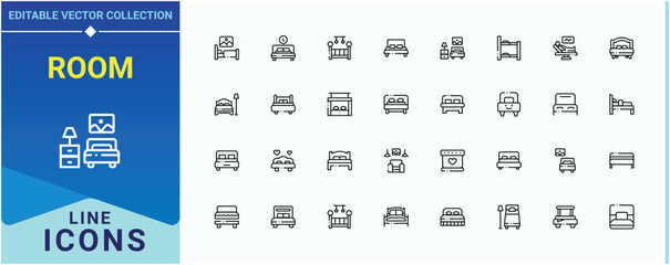 Room modern icon set. Featuring home, house, bed, furniture, decor, bedchamber, living and more. Bed Room icon set. Minimal icons pack. Editable stroke. Vector collection.