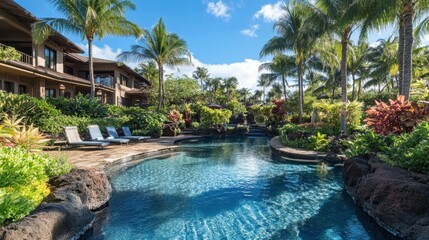 Fototapeta premium A luxurious tropical resort features a crystal-clear lagoon-style pool surrounded by lush palm trees, vibrant plants