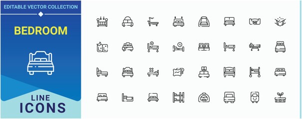 Bedroom linear icon collection. Contain linear symbols room, medical sleep, hostel, hotel, rest and more. Bed icon set. Vector outline icons collection. Pixel perfect. Vector illustration.