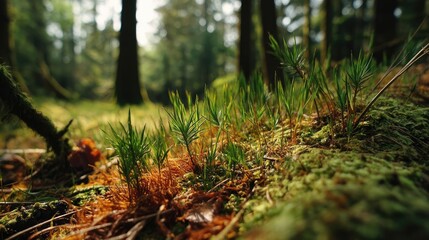 Obraz premium Green moss in natural forest with beautiful colours concept. Close-up view of lush green grass growing in a serene forest.