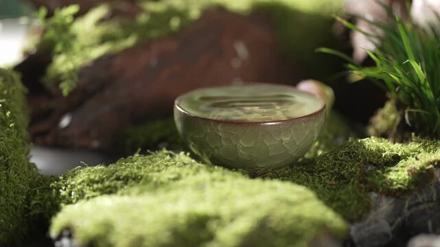 Elegant Tranquil tea ceremony still life film food culture Moment: Aromatic Herbal Infusion with a beautiful mountain backdrop creating a tranquil scene