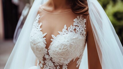 Close-up of an elegant wedding dress with intricate lace details and sheer veil