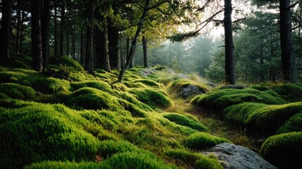 Fototapeta premium Green moss with relax mood in green forest concept. Lush green moss-covered landscape in forest.