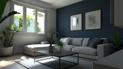 Fototapeta premium Modern living room, sunlight, plants, interior design, home decor, calm atmosphere, website, blog