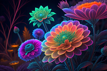 Vibrant Neon Flowers in a Dark Garden