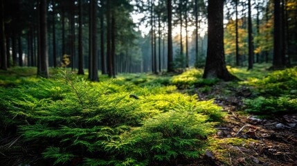 Obraz premium Green moss with relax mood in green forest concept. Lush forest with vibrant green ferns.