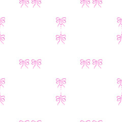 Seamless pattern on grid square with various pink gift bows hand drawing. Fashion accessory for braiding hair. Cotton fabric pattern for sewing, patchwork, printed fabric, textile fabrics