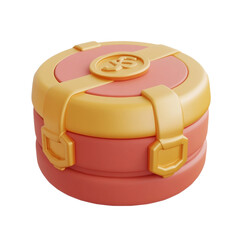 A stylized round container with gold accents and a central emblem