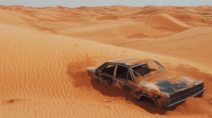 Obraz premium Abandoned car buried in desert sand dunes