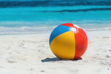 Obraz premium Bright beach ball resting on a white sandy beach beside clear blue water
