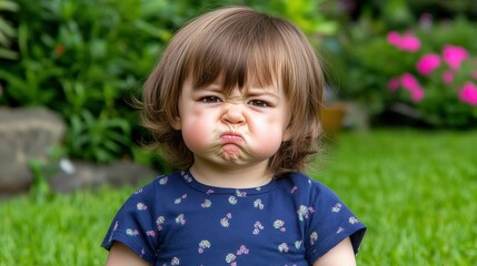 A little girl with brown hair and a blue shirt is sitting on the grass. She has her mouth open and is making a face