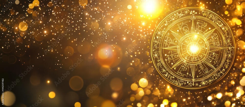 Poster mystical golden celestial circle art with sparkling bokeh lights background