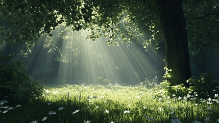 Obraz premium Serene sunlight beams through lush green forest canopy illuminating a field of delicate white flowers