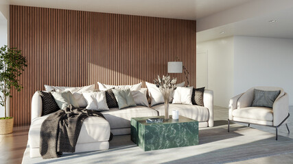 Large luxury modern bright interiors Living room mockup illustration 3D rendering image