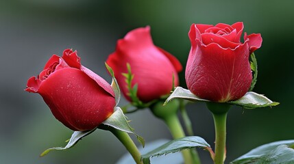 Three red roses are in a bouquet. The roses are in the foreground and the background is green