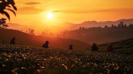 A stunning sunset over tea fields captivates the senses. Workers harvest leaves with skill and dedication. Nature and labor unite beautifully. Generative AI