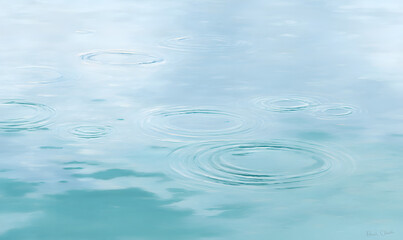 A painting of raindrops falling on water, creating circular ripples and swirls in shades of blue and turquoise. Generative AI