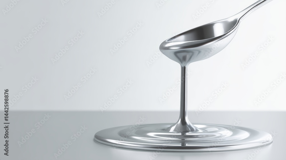 Aufkleber close-up shot features shimmering silver liquid flowing from a spoon, set against a white background