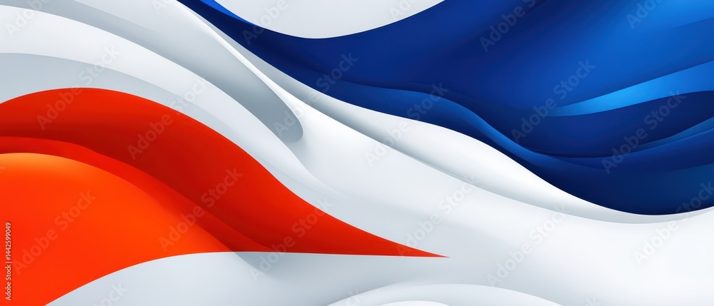 Poster abstract background with dynamic red, white, and blue waves, creating a modern and vibrant design fo