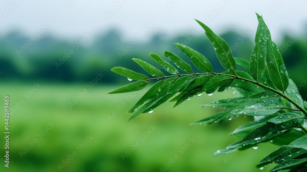 Leinwandbilder close-up of dew drops on a fern leaf with a blurred meadow in the background, creating a serene and 