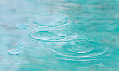 A painting of raindrops falling on water, creating circular ripples and swirls in shades of blue and turquoise. Generative AI
