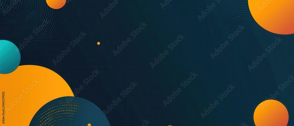 Poster modern dark blue background with orange and teal circles, abstract geometric design with halftone pa