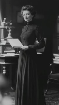 A person stands in an early 1900s office, dressed in formal vintage attire. The setting includes a wooden desk, bookshelves, and papers, creating a scholarly and professional atmosphere.