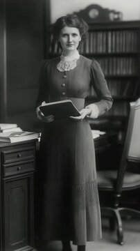 A person in a formal suit poses in a vintage 1910s office, with a desk, papers, and books, evoking historical professionalism.
