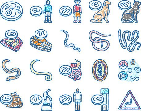 helminth worm parasite roundworm icons hand drawn