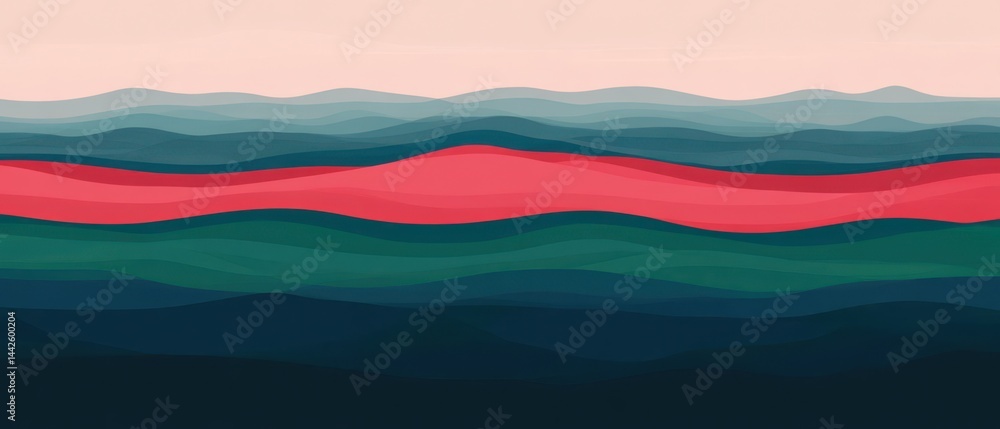 Poster abstract layered mountain range illustration with vibrant red accent, creating a serene and calming 
