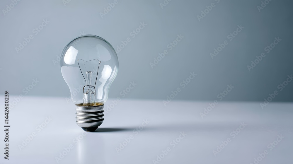 Aufkleber Close-up shot of a glowing incandescent light bulb standing upright on a bright white surface, representing innovation and creativity with clear space for text