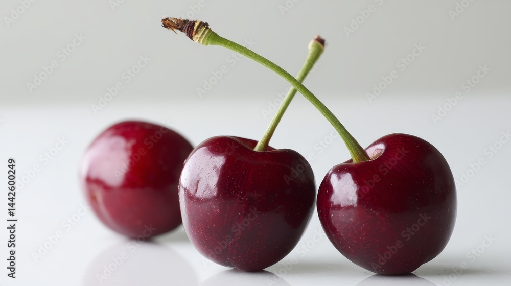 Poster two glossy red cherries are elegantly connected by a green stem, resting on a bright white backgroun