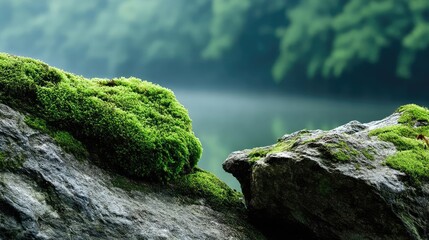 Green moss with natural colours in peaceful forest concept. Lush moss on rocks by a tranquil water body.