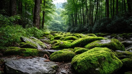 Fototapeta premium Green moss with natural colours in peaceful forest concept. Lush green moss covering stones in a serene forest.