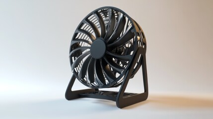 A black electric desk fan sits in a clean studio setting