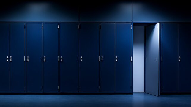 Dark blue lockers with open door
