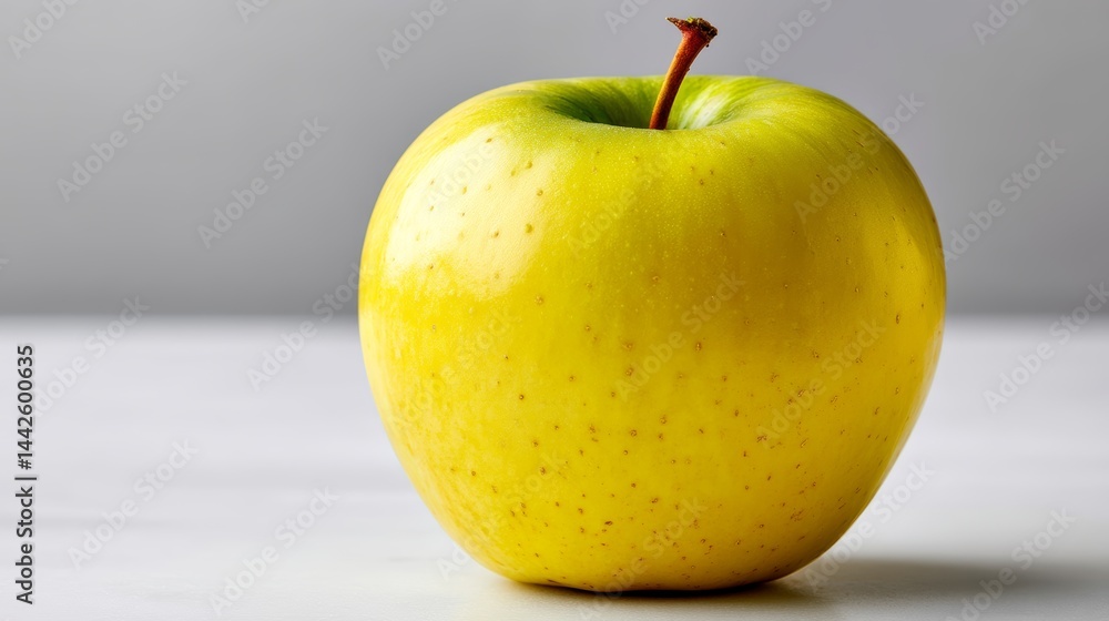 Fototapete Golden-hued apple is centered on a smooth white surface, illuminated by clean studio lighting, creating a polished and inviting appearance with ample space for text
