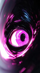A close-up of a vibrant purple eye set against a swirling dark background.