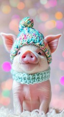 Fototapeta premium A cute little pig wearing a colorful knitted hat, set against a pastel-colored, bokeh background