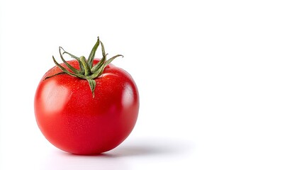 Ripe red tomato with smooth surface is centrally placed on a white background, achieving an appealing and vibrant appearance ideal for marketing purposes